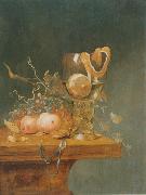 unknow artist Stilleben mit verschiedenen Fruchten, einem groben Romerglas und einer Uhr auf einer Tischkante painting